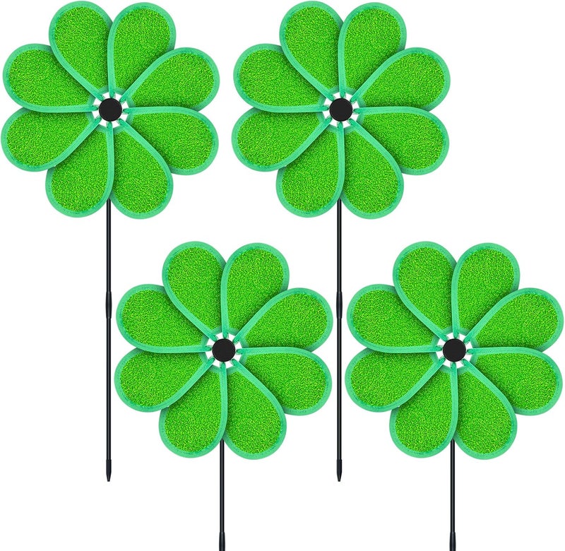 DECEED 4PCS 11.4" W x 28" H Reflective Pinwheels Sparkly Lawn Wind Spinners Colorful Rainbow Windmill for Garden Decoration Bird Devices Deterrent to Scare Birds Away（Green） - Image 1